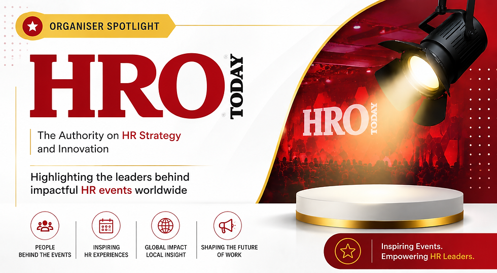 Conference Spotlight poster with a lit stage spotlight and text promoting HRO Today HR strategy and innovation.