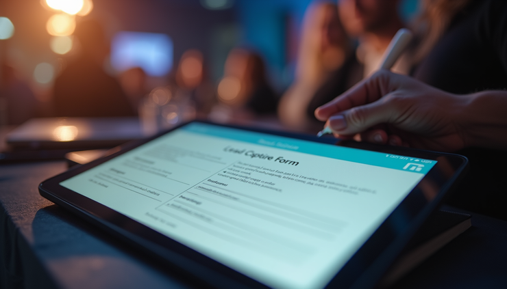 Close-up view of a digital tablet displaying lead capture form at an event