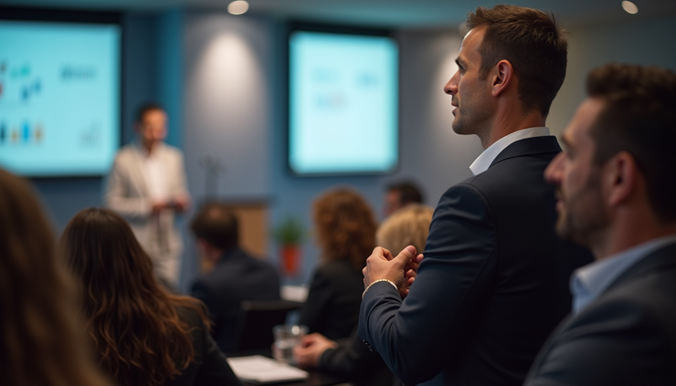 Vue rapprochée d'un intervenant présentant une session sur la gestion des talents