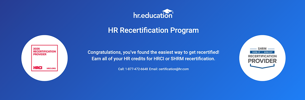 Blue HR.education banner for HR Recertification Program with HRCI and SHRM provider logos and contact info.