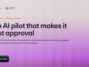 Webinar banner for Personio and Agile HR Community: The AI pilot that makes it past approval, with Register now button.