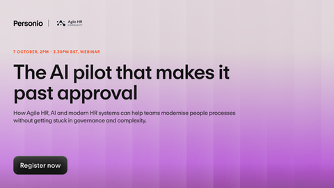 Webinar banner for Personio and Agile HR Community: The AI pilot that makes it past approval, with Register now button.