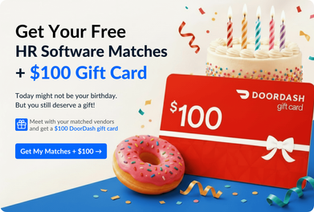 Birthday-themed DoorDash promo with cake, donut, and red $100 gift card; text offers free HR software matches and $100 gift card