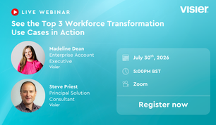 Visier live webinar promo with two speaker headshots, July 30, 2026 at 5:00 PM BST on Zoom, Register now.