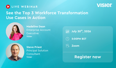 Visier live webinar promo with two speaker headshots, July 30, 2026 at 5:00 PM BST on Zoom, Register now.