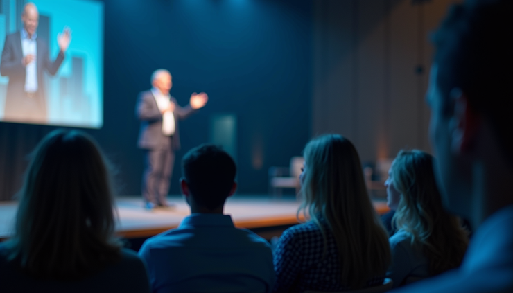 Close-up view of a speaker presenting AI-driven finance leadership strategies on stage