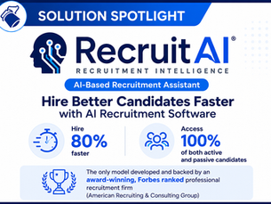 Blue RecruitAI recruitment infographic: AI-based assistant, hire 80% faster, access 100% of candidates.