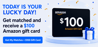 Amazon promo ad says Today is your lucky day, get matched and receive a $100 Amazon gift card; blue gift box.