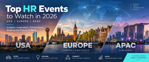 Promotional poster for Top HR Events to Watch in 2026, showing USA, Europe, APAC skylines and world map with connections.