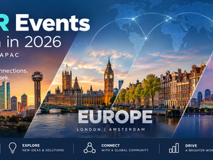 Promotional poster for Top HR Events to Watch in 2026, showing USA, Europe, APAC skylines and world map with connections.