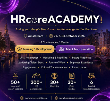 HRcoreACADEMY Summit poster over Amsterdam canal at dusk, with Learning & Development and Talent Transformation, Oct 7-8 2026