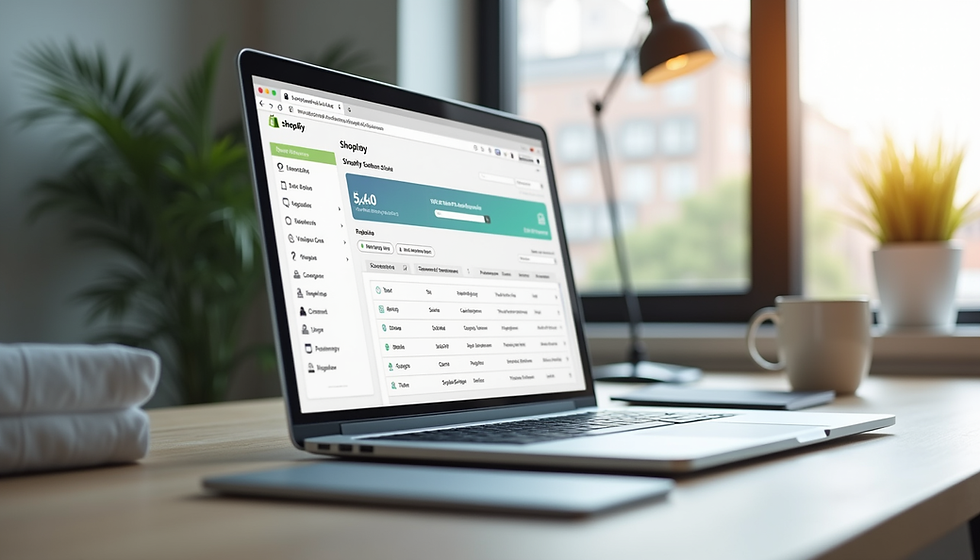 Eye-level view of a modern workspace with a laptop displaying a Shopify dashboard