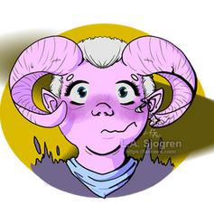 Headshot illustration of a nervous and blushing purple tiefling with white hair.