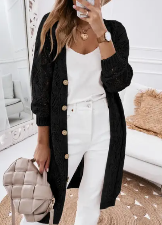 Black Hollow-Out Openwork Knit Cardigan Sweater