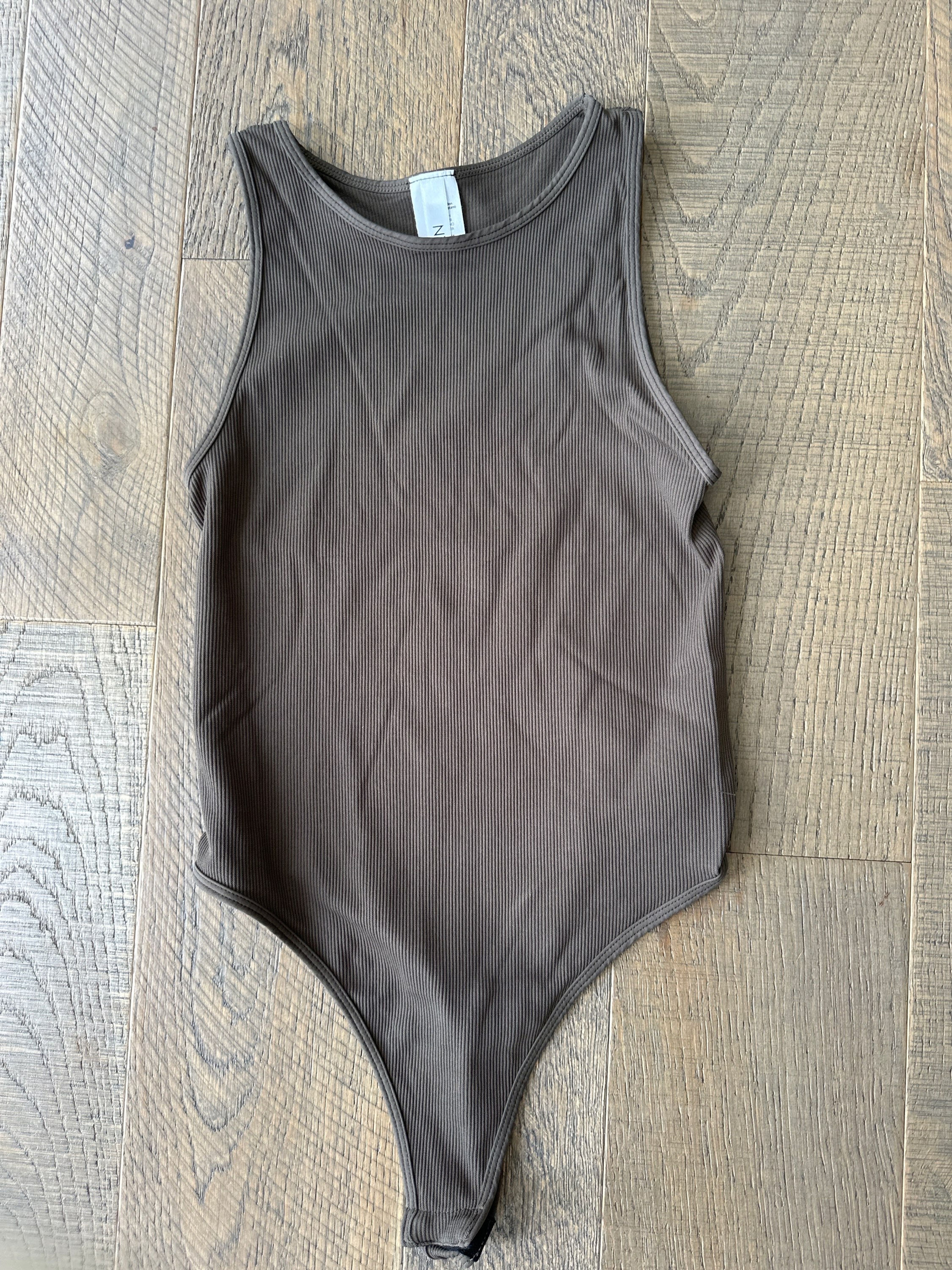Women's Moss (Brown) Ribbed High Neck Thong Bodysuit