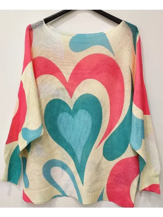 912L Heart Round Knit Printed Sweater LOOWIE