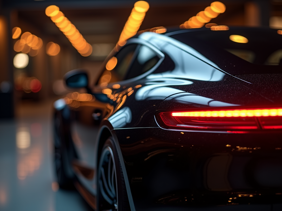sleek car surface with orange lighting reflections in dark showroom.png
