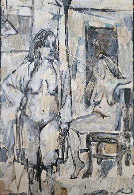 Figure standing with open robe and figure seated