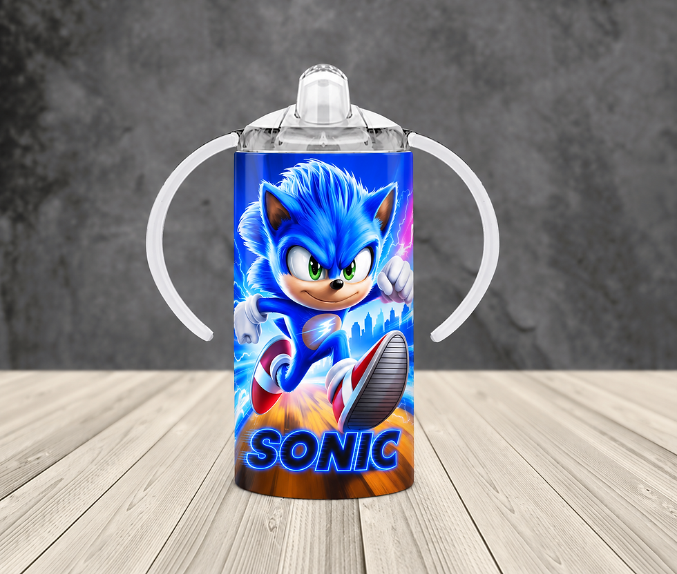 Thumbnail: Toddler holding blue Sonic character sippy cup with handles