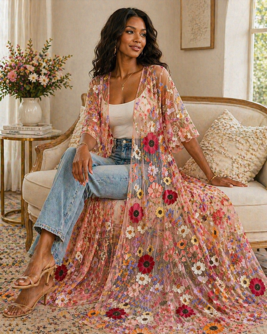 Floral Embroidered Sheer Maxi Kimono