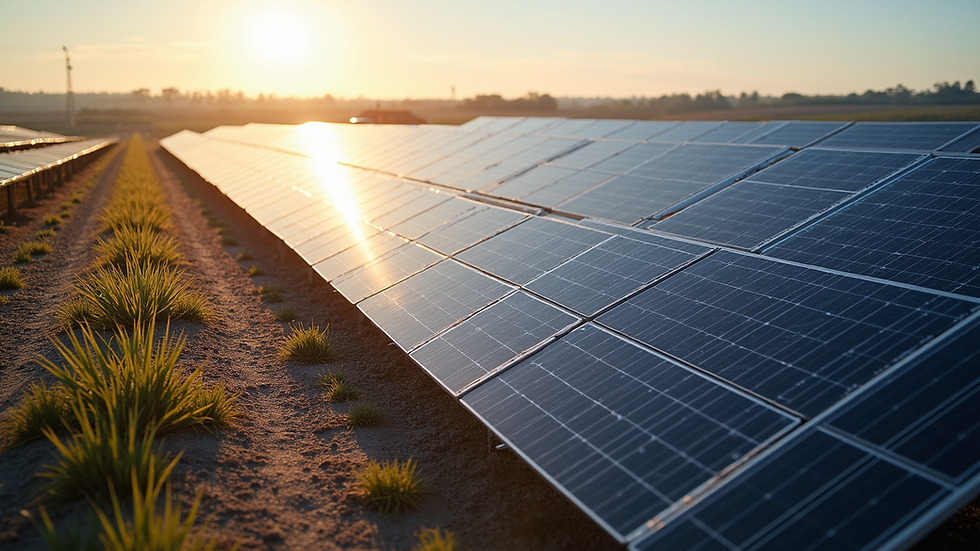High angle view of a solar farm with rows of solar panels