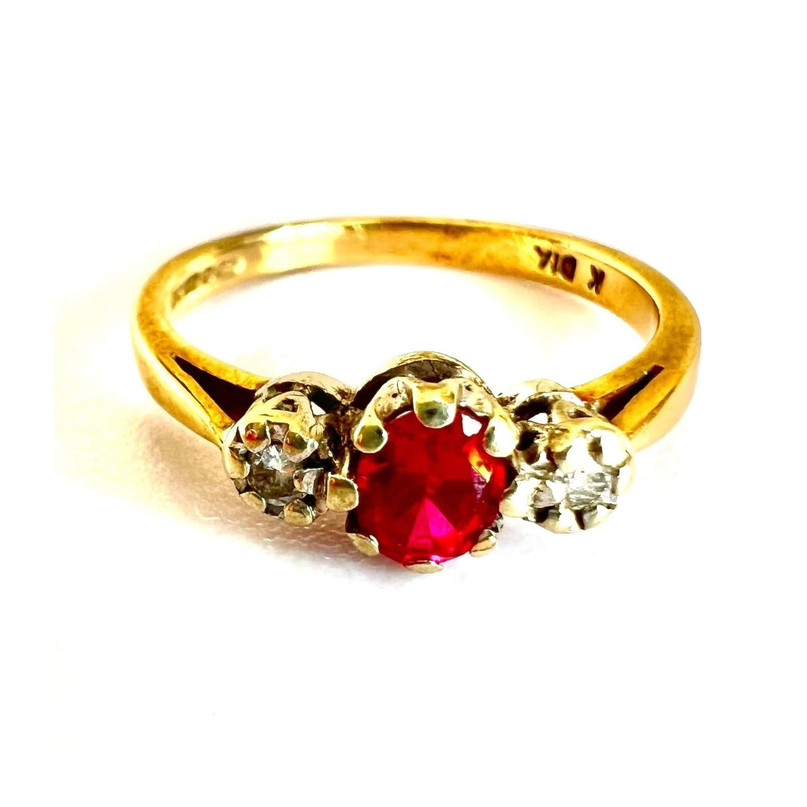 Three Stone Ruby and Diamond 9ct Gold Ring Close Up
