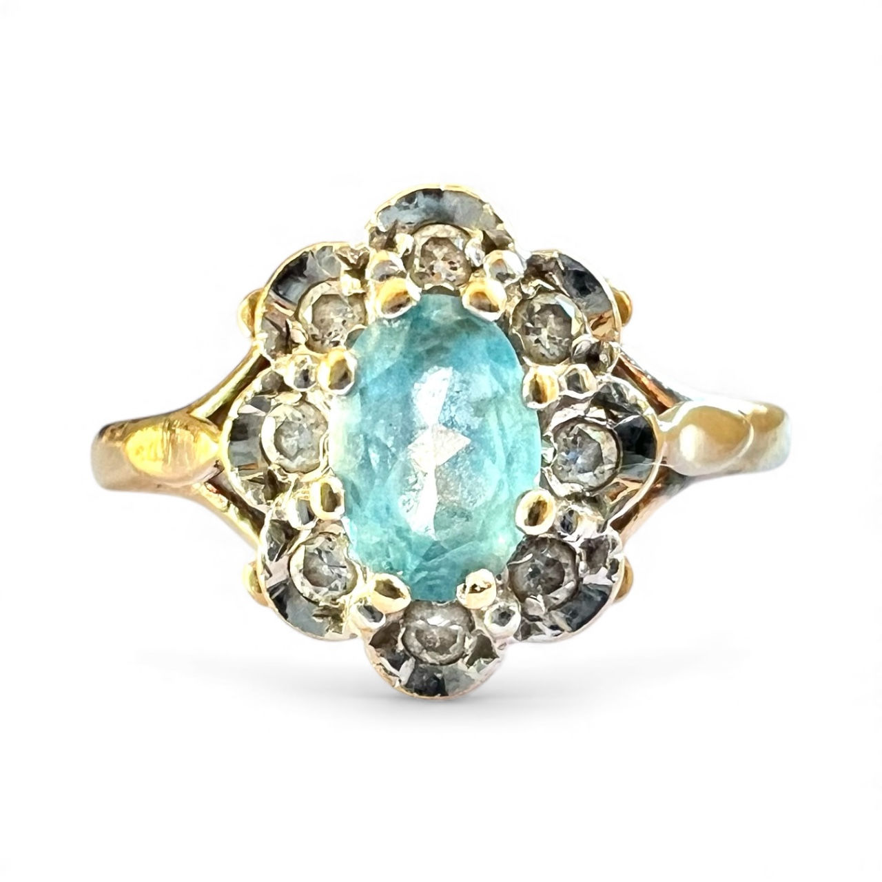 Vintage 9ct Gold Ring Blue Topaz Cubic Zirconia Hallmarked 2.10g Size M 1/2