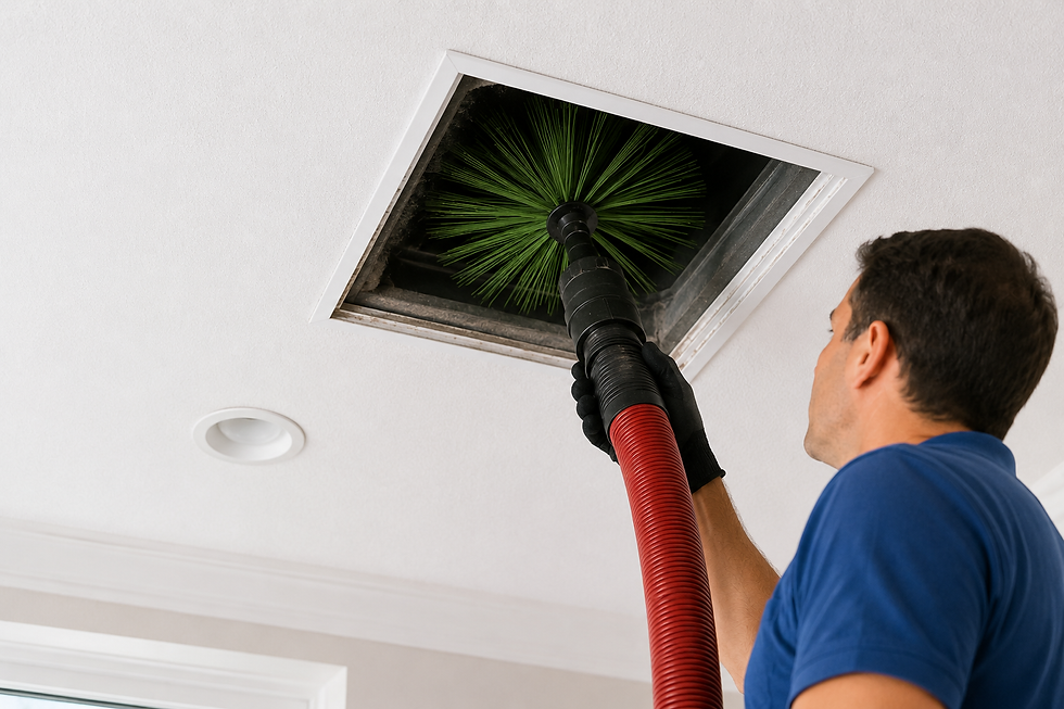 Technician cleaning air ducts with a rotary brush system.