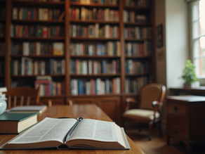 Eye-level view of a cozy study corner filled with books