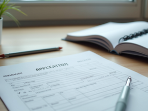 eye-level view of a student’s desk with neatly organized university application materials