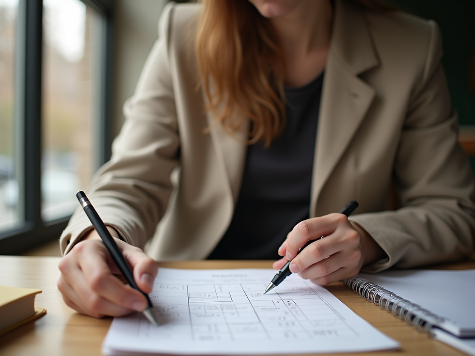 woman in beige blazer sketches on a planning sheet at a desk by a window, with notebook and pen beside her.
