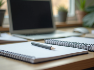 eye-level view of a student’s organized study desk with notebooks and a laptop