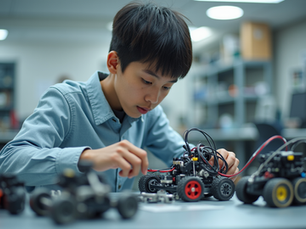 eye-level view of a student working on a robotics project in a school lab