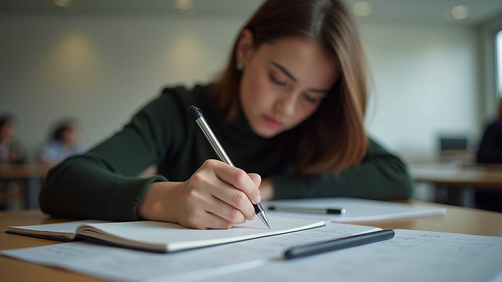 eye-level view of a student writing in a notebook