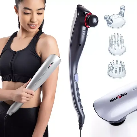 Massageador Elétrico Elite Pro, com massagem de percussão e 3 ponteiras para alívio de tensões e relaxamento muscular.