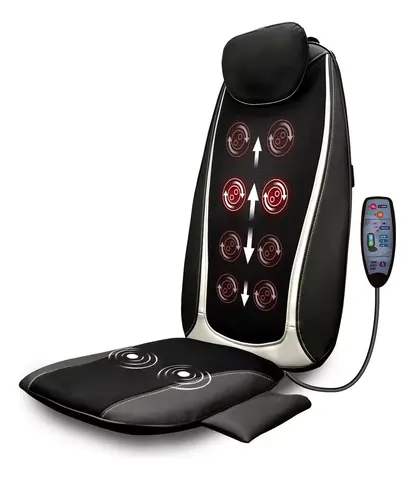 Assento massageador Shiatsu R18 com função de aquecimento e vibração, ideal para aliviar dores musculares e reduzir o estresse, com design portátil para uso em casa ou no carro.