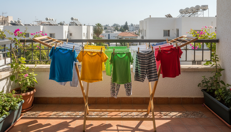 מבט בגובה העיניים על בגדי ילדים צבעוניים תלויים לייבוש אחרי כביסה