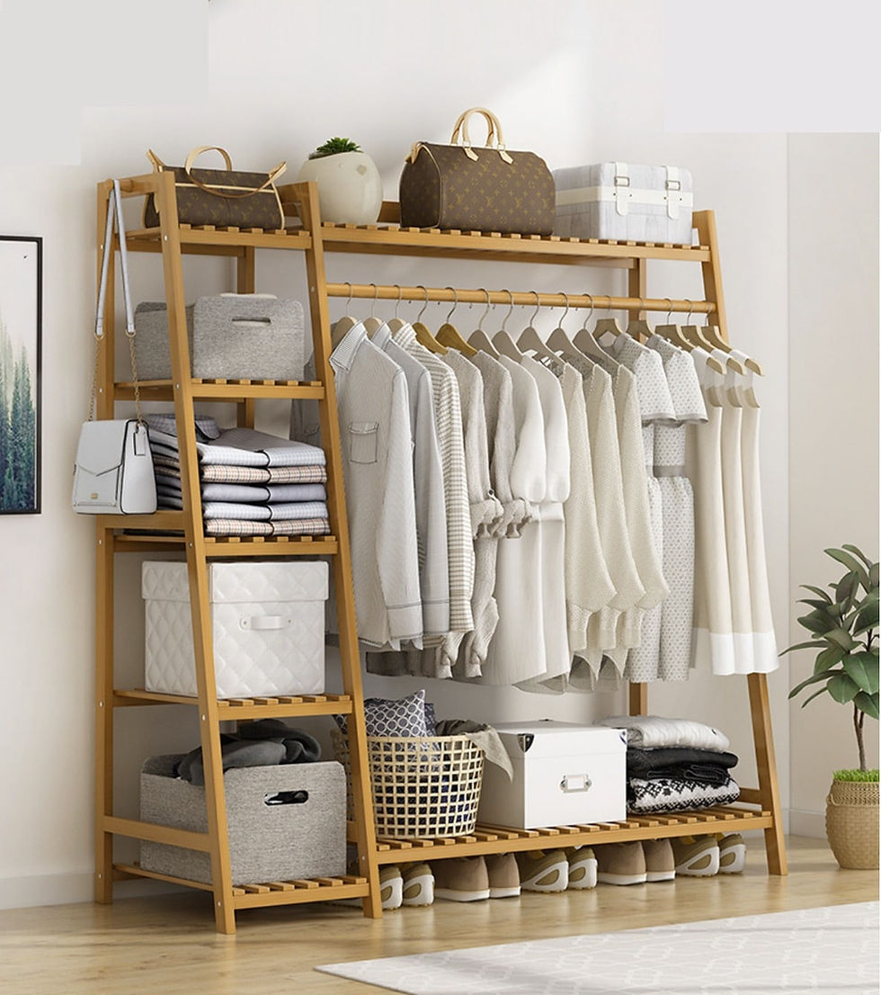 תמונה ממוזערת: מתלה בגדים פתוח מעץ במבוק טבעי משולב מדפי אחסון גובה 140 ס"מ