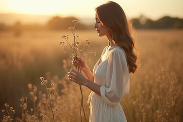 A serene-landscape-photography of a woman gently touching a flowering plant, bathed in sof