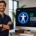 Image of a business owner standing next to a computer screen that says "accessibility statement"