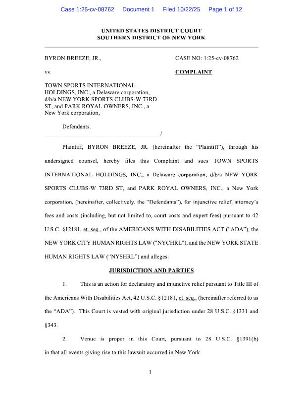 Image of the first page of an ADA lawsuit filed by Robert Glen Myers against Bell enterprises, LLC  