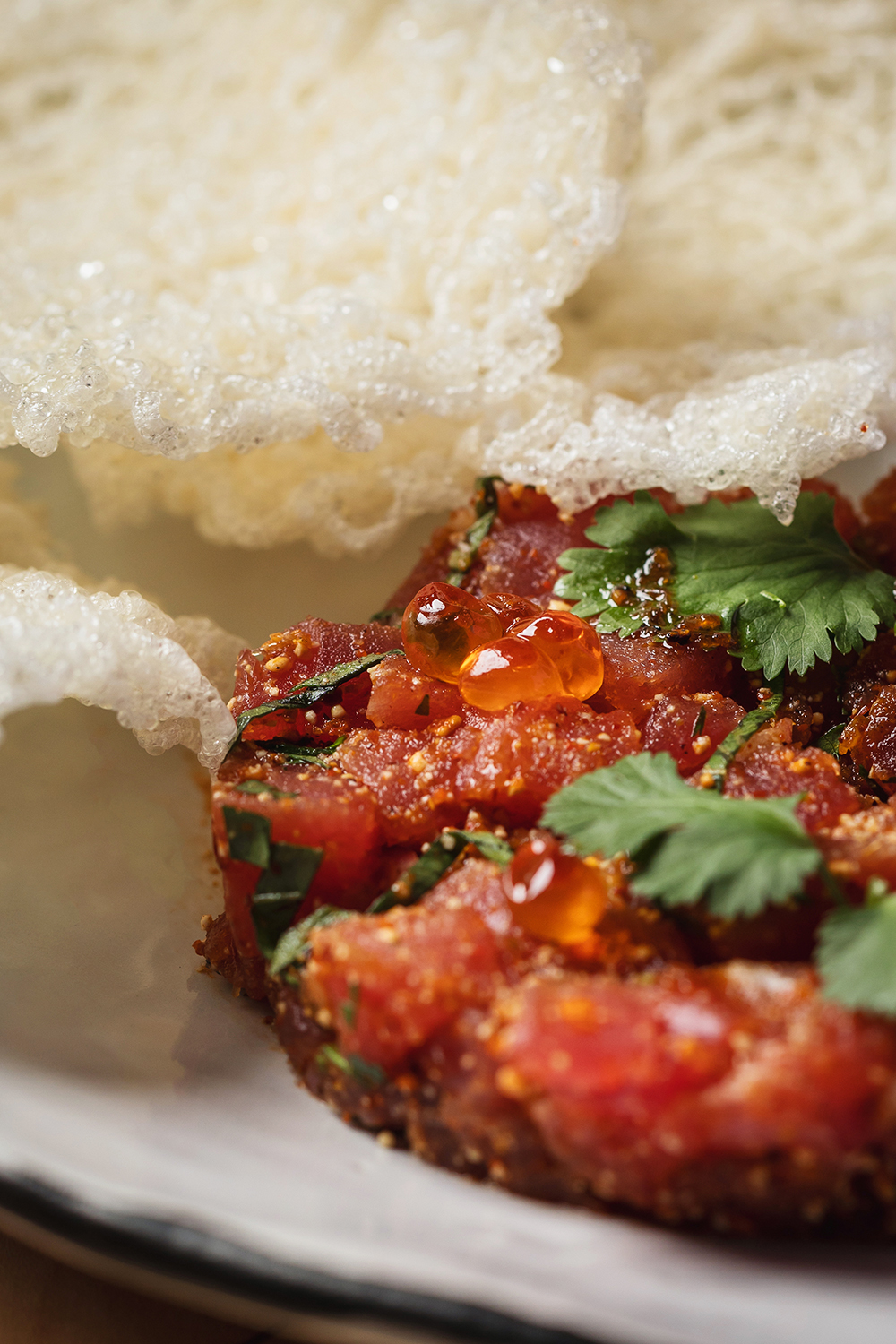 “Close-up of glazed meat dish with herbs, shallow depth of field.”