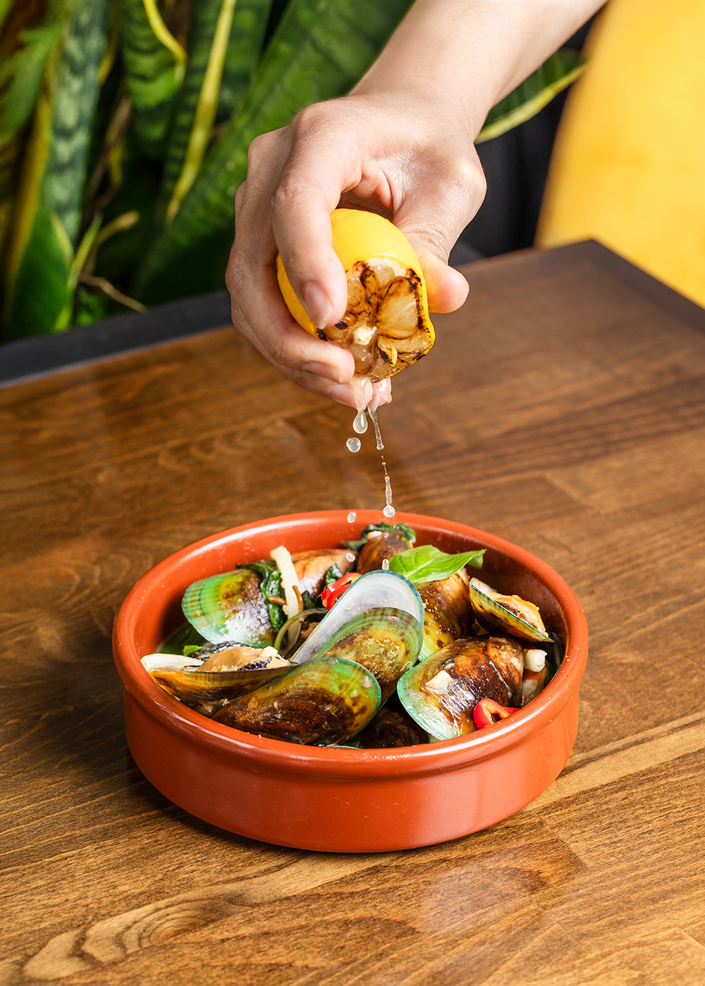 “Overhead bowl of salad with citrus garnish, bright tabletop.”