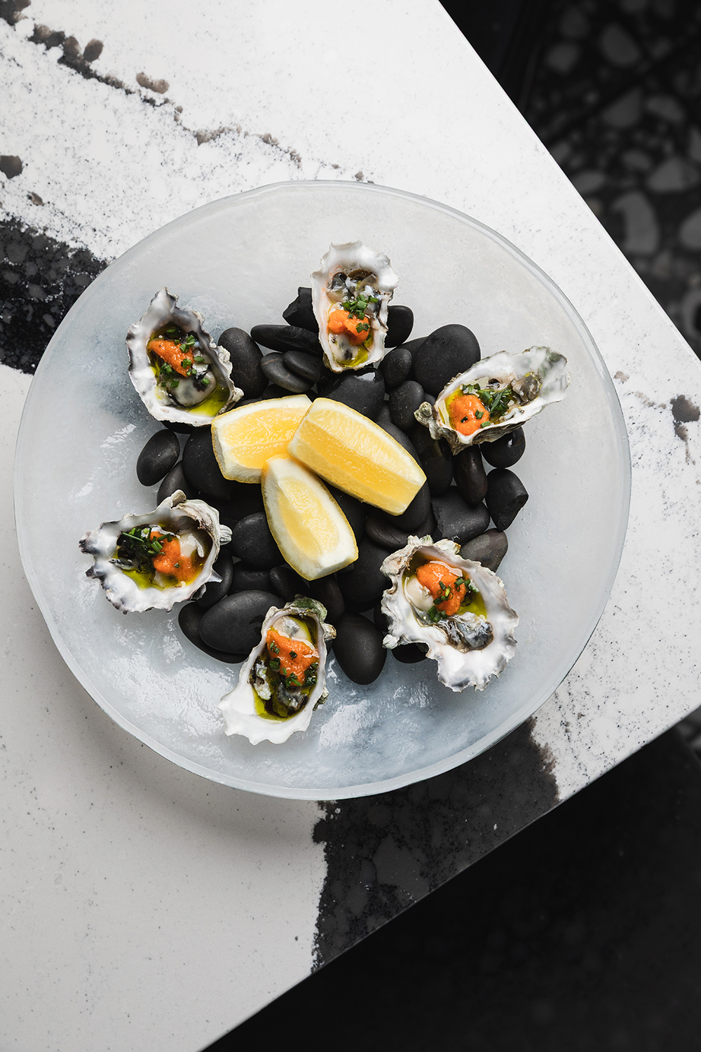 “Plated appetizer assortment on a white plate, overhead.”