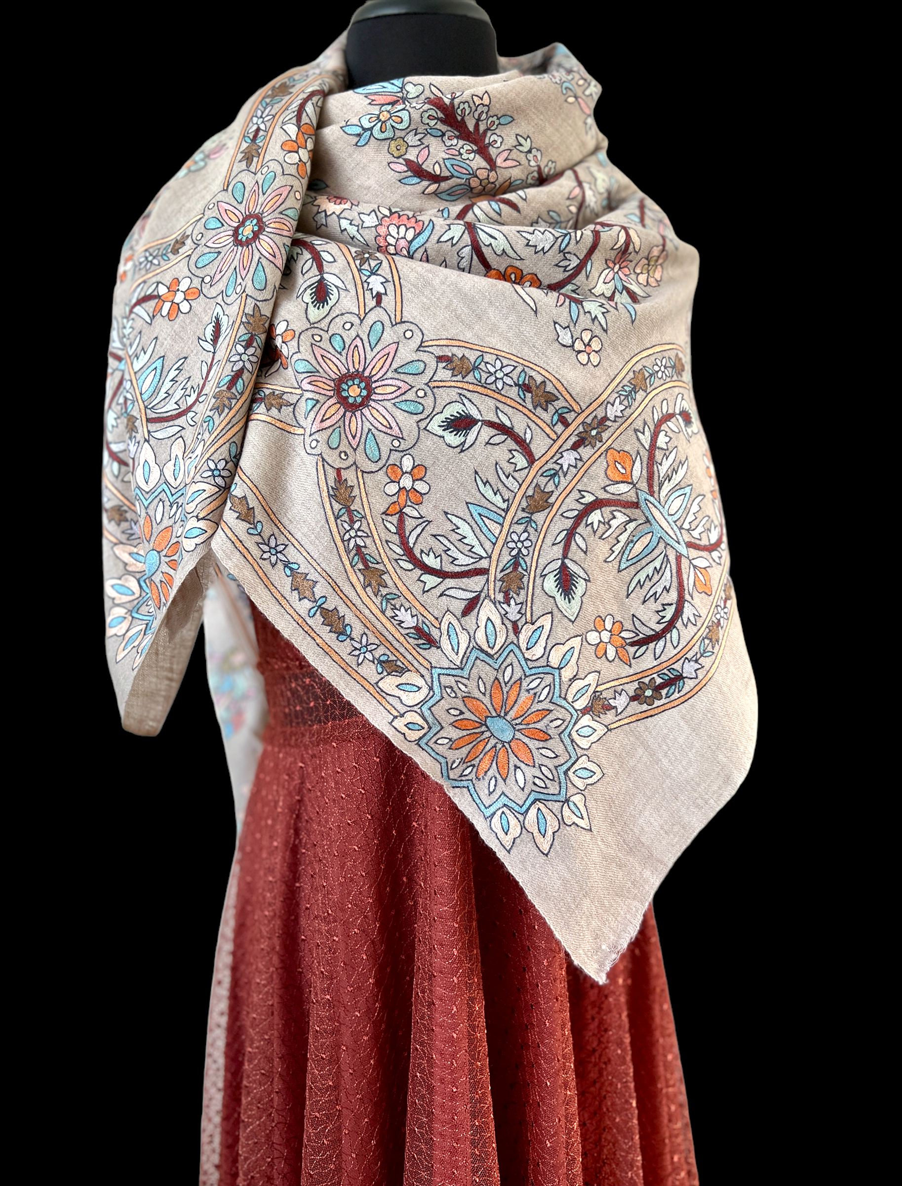 Kalamakari Pashmina Shawl in Silk Thread