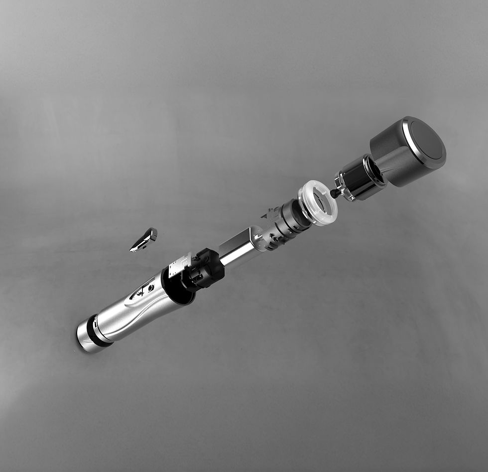 A render of a beauty-tech device exploded to show the internal components and design