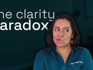 Jess thinking, dark teal background, and white font that says: The clarity paradox.