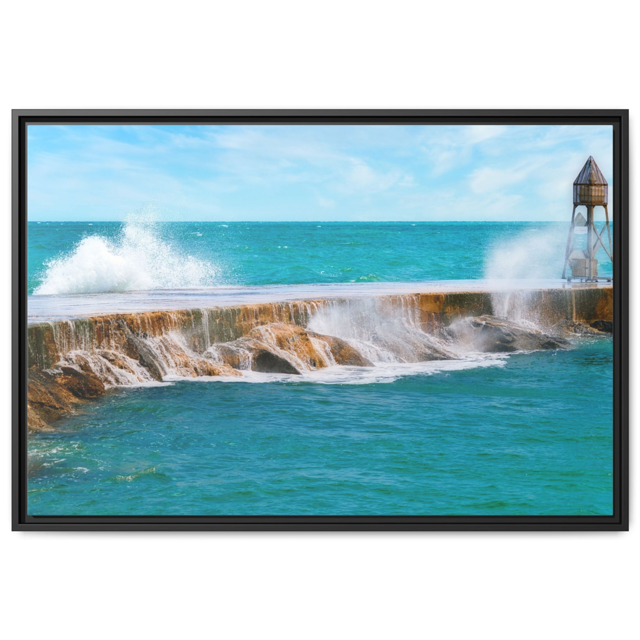 Onde che si infrangono sul molo di Bal Harbour, tela incorniciata, arte murale