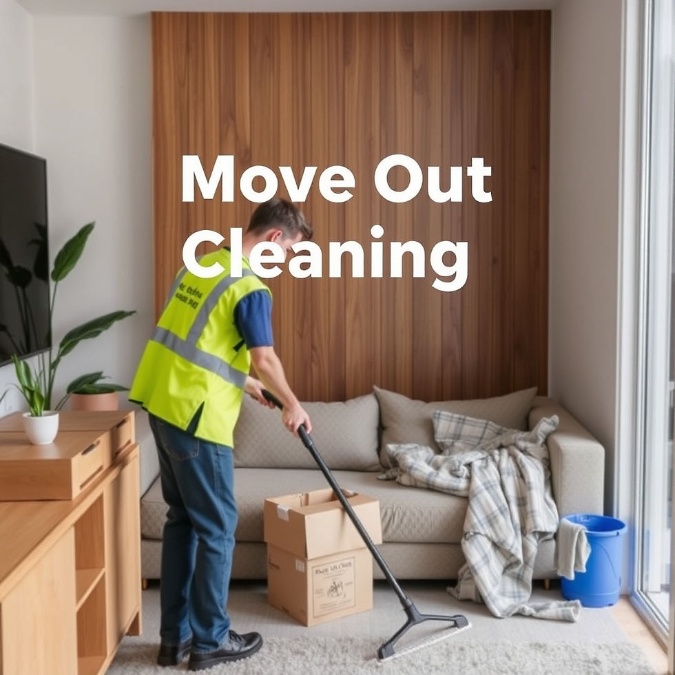 Worker in a yellow vest vacuums near a beige sofa with a blanket. A cardboard box and blue bucket are nearby. Text: Move Out Cleaning.