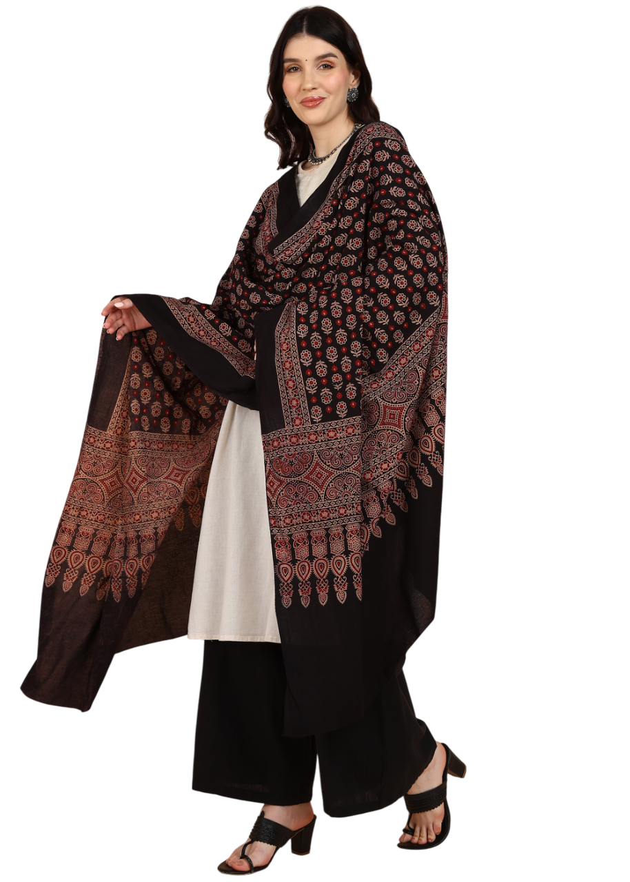 Thumbnail: Hand Block Vegetable Print Cotton Dupatta (Black)
